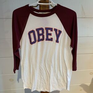 OBEY Women’s 3/4 sleeve burgundy,  red and blue shirt in size small